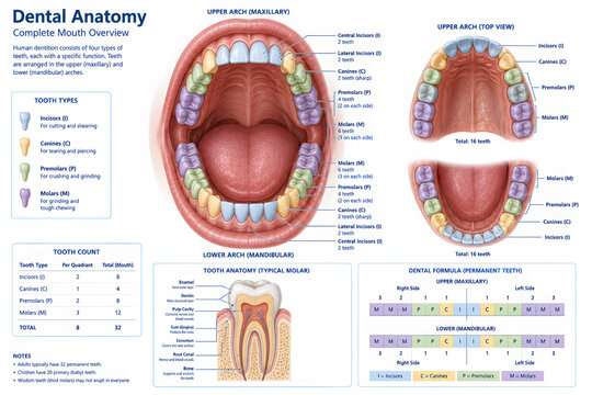 Comprehensive dental anatomy chart showing human teeth arrangement and structure