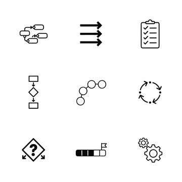 Minimalist business icons set for workflow and productivity. Flat design vector symbols for planning, security, and data management.