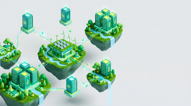 Isometric 3D floating islands with green data centers nature and renewable energy