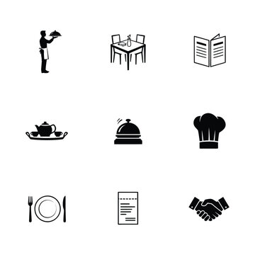 Restaurant service icons set for hospitality branding. Vector dining symbols for menus, apps, and signage design.