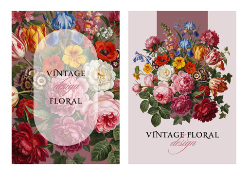 Vintage vector illustration with colorful bouquet on a changeable background. Floral design template for wedding invitation, greeting card, notebook cover, flyer or banner.