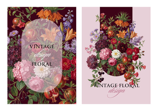 Vintage vector illustration with colorful flowers and berries on a changeable background. Floral design template for wedding invitation, greeting card, notebook cover, flyer or banner.
