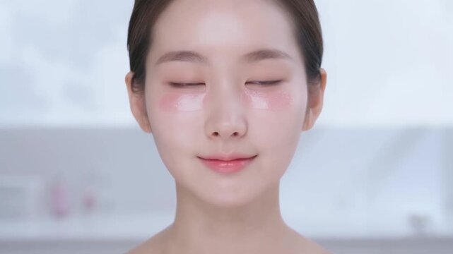 Woman with undereye skincare patches facing forward in bright beauty treatment setting