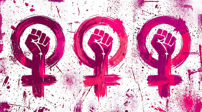 Feminist symbols with raised fists in pink grunge style for women rights activism