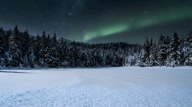 Beautiful green northern lights aurora borealis shining over a snowy frozen lake and dark forest