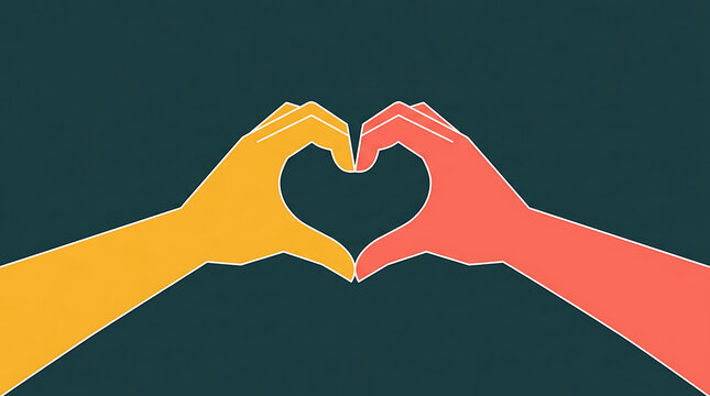 Two hands forming a heart shape gesture as a symbol of love and unity in flat vector style