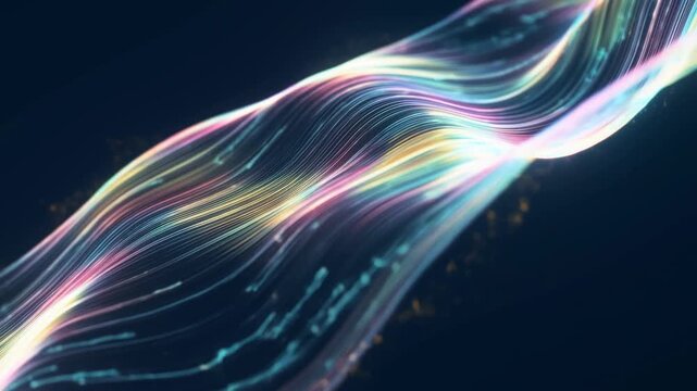 Abstract Multicolor Light Ribbons in Curved Parallel Lines Against Dark Background