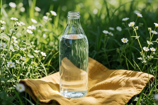 Clear glass bottle filled with fresh water sits on mustard cloth in rich green grass, small white flowers. Scene suggests healthy, natural hydration option perfect for outdoor activities or picnics.