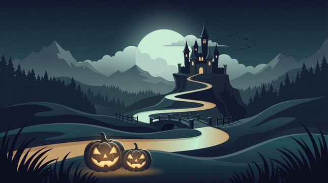 Spooky halloween night landscape with haunted castle and carved pumpkins