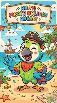 Pirate Holiday vector banner featuring a friendly green parrot wearing a pirate hat waving on a tropical beach with a pirate ship, gold coins, and smiling clouds