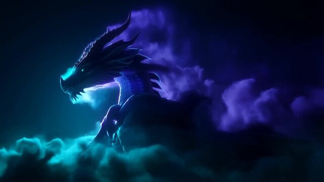Dragon Head Surrounded by Blue Smoke and Glowing Light in Dark Fantasy Setting
