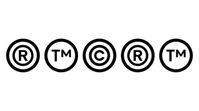 Set of black and white intellectual property icons including copyright and trademark symbols.