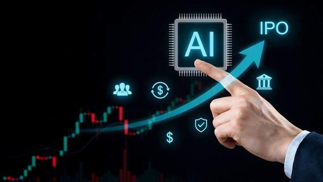 Business executive pointing at glowing artificial intelligence ipo stock