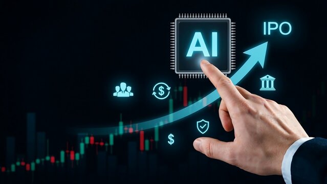 Business executive pointing at glowing artificial intelligence ipo stock