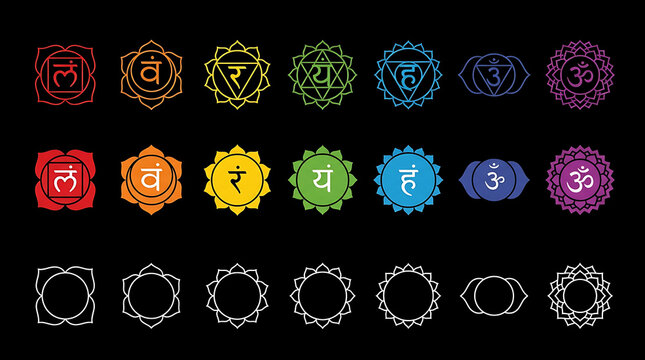 Seven chakras vector set with colorful symbols and minimalist line art icons on black