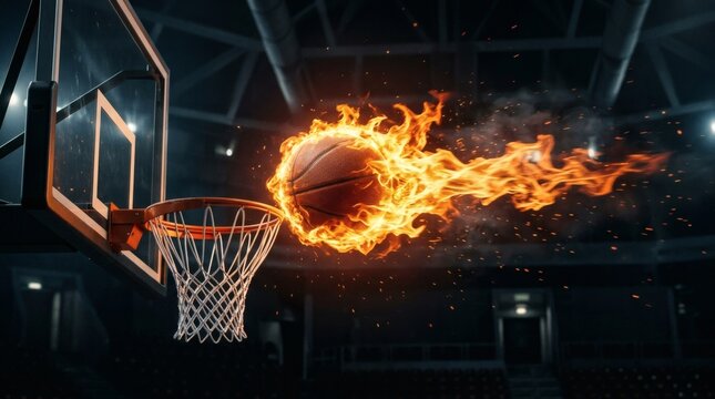 A basketball engulfed in intense orange flames flies through the air toward a net in a dark indoor stadium.