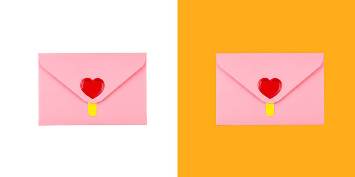 Pink love letter envelope with red heart wax seal on split background transparent png