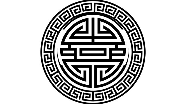 Minimalist black Shou longevity symbol in a circular geometric frame for Asian design.