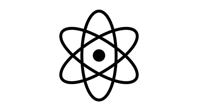 Minimalist black atom symbol icon for science and physics education design
