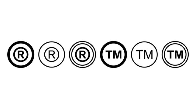 Minimalist vector set of six registered trademark and TM symbols for branding design.