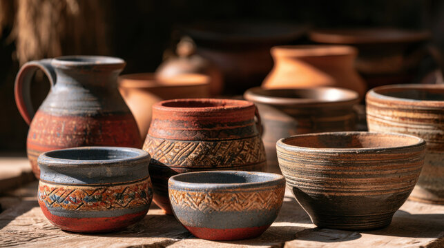 Assorted rustic handmade ceramic pottery bowls and jars on a wooden surface