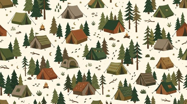 A seamless pattern illustration featuring numerous colorful camping tents nestled among green pine trees in a forest setting.