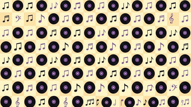 A repeating pattern of black vinyl records and various musical notes on a light beige background, creating a retro music theme.