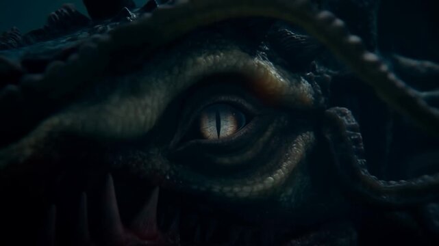 Dragon closeup with horns and sharp teeth in dark underwater fantasy setting