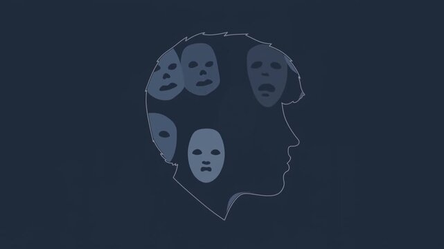 Human head silhouette filled with multiple anonymous faces against dark blue background