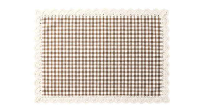 Rectangular brown and white checkered fabric placemat with decorative scalloped lace edge transparent background