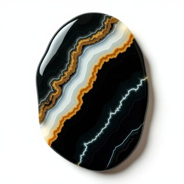 Glossy onyx slab with rich black, contrasting white, and gold streaks isolated on white background for luxury interior design
