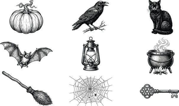 Vintage Halloween hand drawn line art vector set featuring creepy pumpkin, spooky raven, mystical black cat, flying bat, and witch cauldron illustrations.