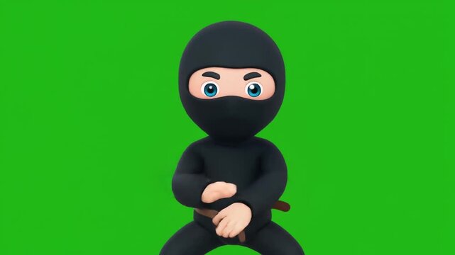 Cute cartoon ninja character performing various martial arts stances with a green screen background for easy compositing