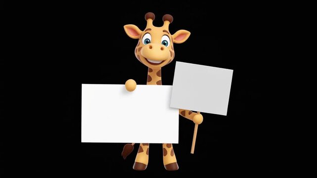 Cute cartoon giraffe holding blank sign in studio lighting with copy space for text and design elements