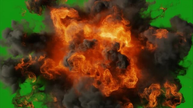 Explosion effect with evolving fiery particles and smoke against a green screen background cinematic motion