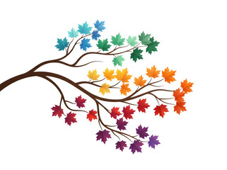 Fototapeta premium Colorful maple tree branch with gradient leaves funny animal emoji isolated on transparent background