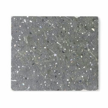 Rectangular schist tile with sparkling mica flakes, medium gray natural stone surface on white background