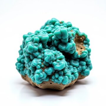 Vivid rough turquoise chrysocolla specimen with rugged texture on white background highlighting intense color and natural mineral formation