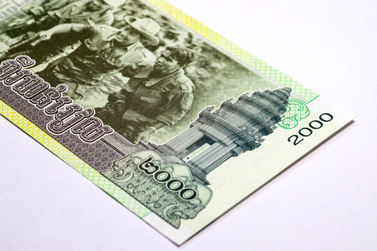 Cambodian 500 Riel banknote depicting King Father Norodom Sihanouk leading troops and the Independence Monument in Phnom Penh. Asian currency. Cambodian money.