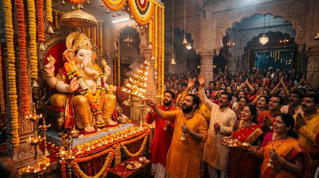 Devotees performing aarti to lord ganesha in a temple