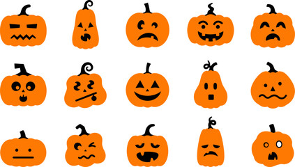 Fototapeta premium Set of fifteen vector cartoon pumpkins with various funny and spooky faces for halloween celebrations and autumn seasonal holiday design projects