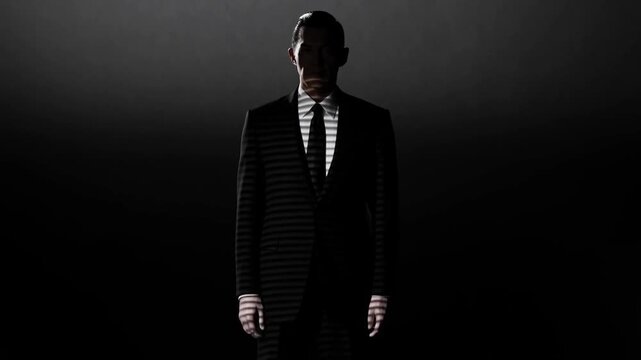 Man in Black Suit Standing Still in Darkness with Striped Light Across His Body