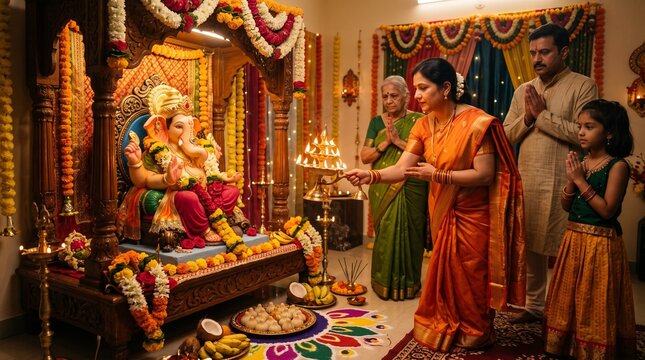 Indian family praying to lord ganesha during festival