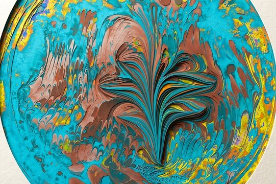 Circular marbled paper cutout art with intricate swirling patterns in turquoise and copper bronze