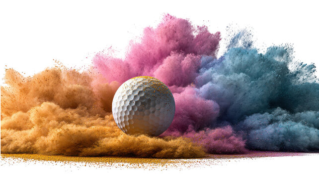 Golf ball exploding pink blue orange powder sports concept