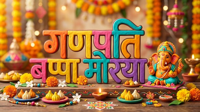 Ganpati bappa morya text with lord ganesha and modaks