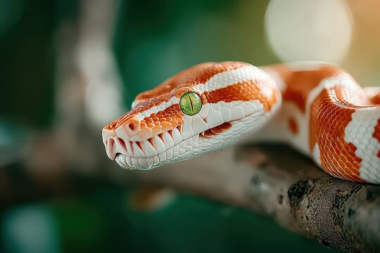 An albino reticulated python coils on a tree branch, its orange and white pattern contrasting with striking green eyes, capturing the beauty of this reptile