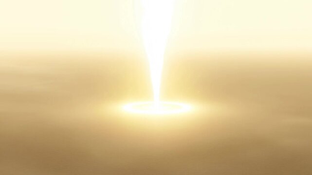 Bright light beam striking glowing surface and forming a circular ripple in golden haze