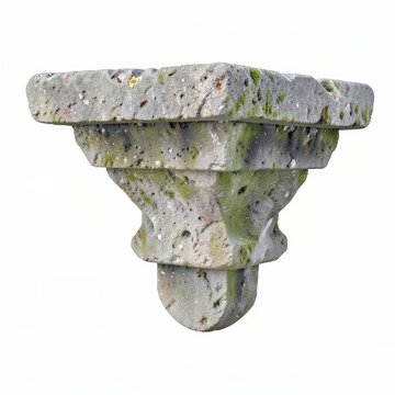 Weathered stone corbel bracket with simple geometric motif for supporting ledges, isolated on white background