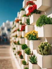 Fototapeta premium The arrangement of flowers and succulents in white pots on a vertical wall creates a visually striking display, enhancing the beauty of the architecture